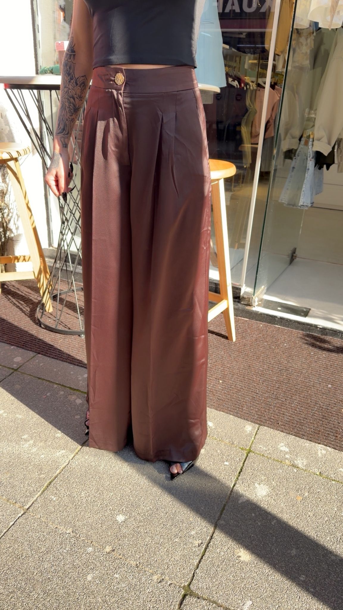 Kahverengi Yüksek Bel Bol Paça Pantolon