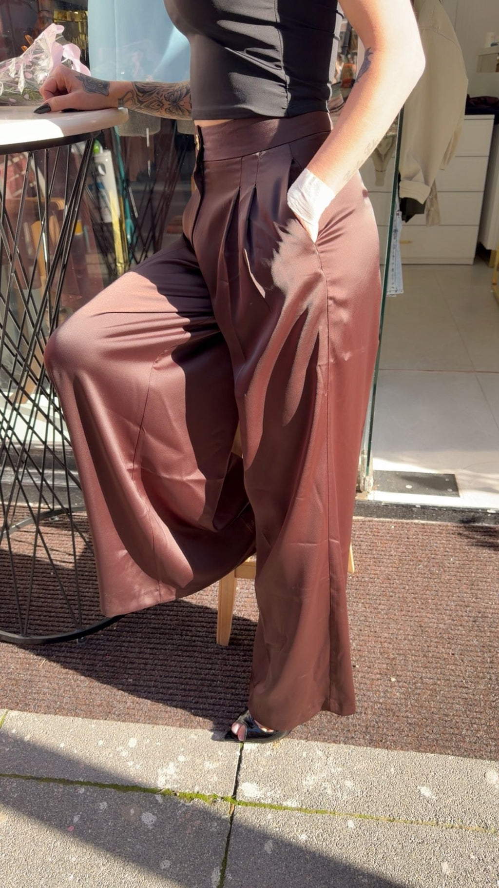 Kahverengi Yüksek Bel Bol Paça Pantolon