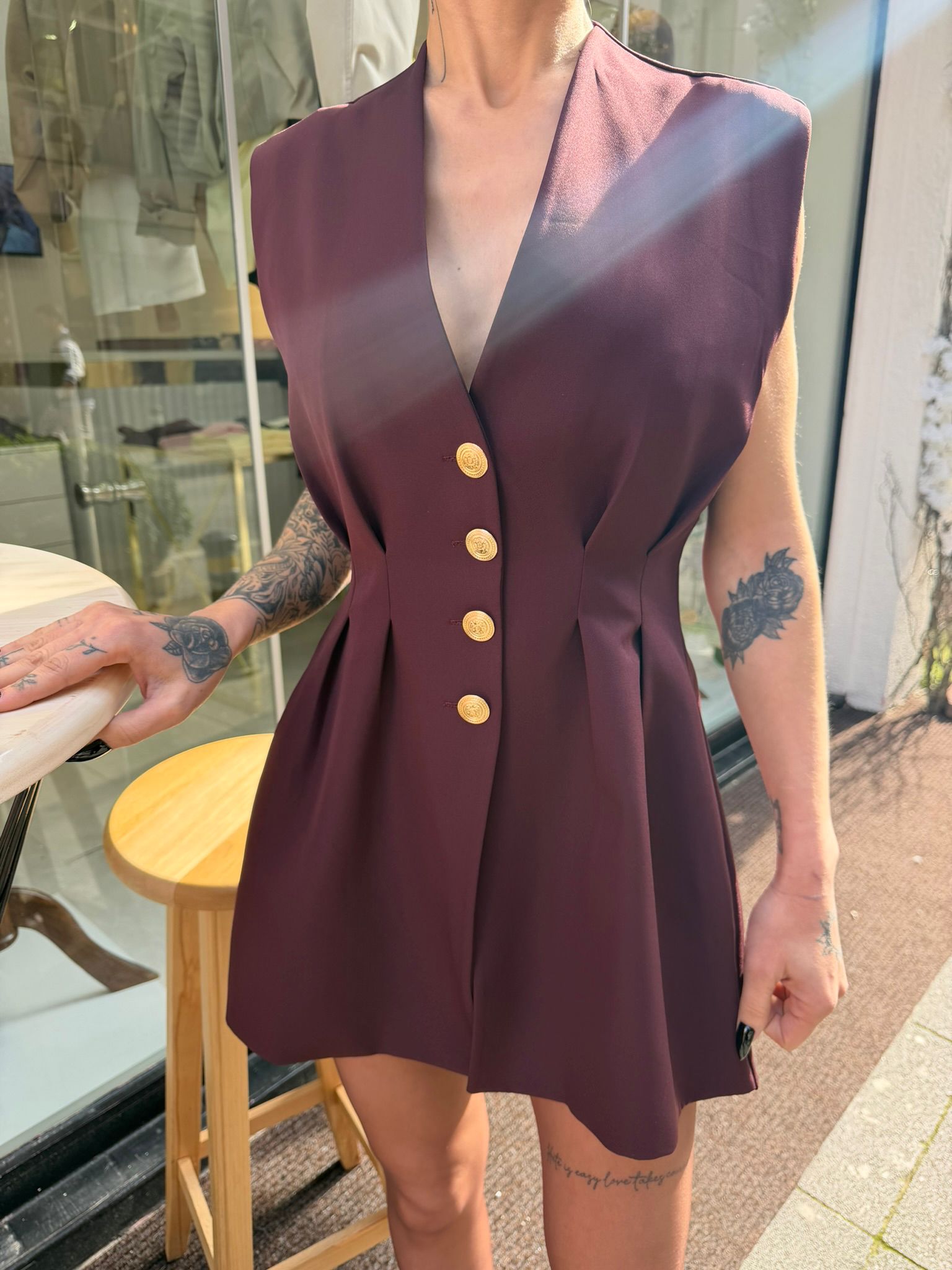 Bordo Gold Düğmeli Kolsuz Blazer Elbise
