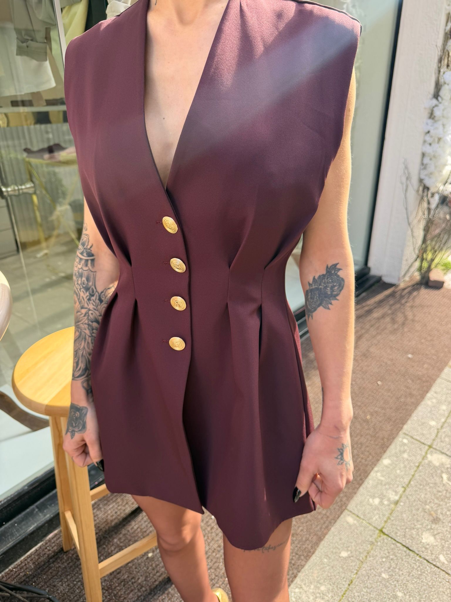 Bordo Gold Düğmeli Kolsuz Blazer Elbise
